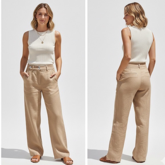 Veronica‎ Beard Tan Sailor Pants Wide Leg Trousers High Waist Linen Blend
